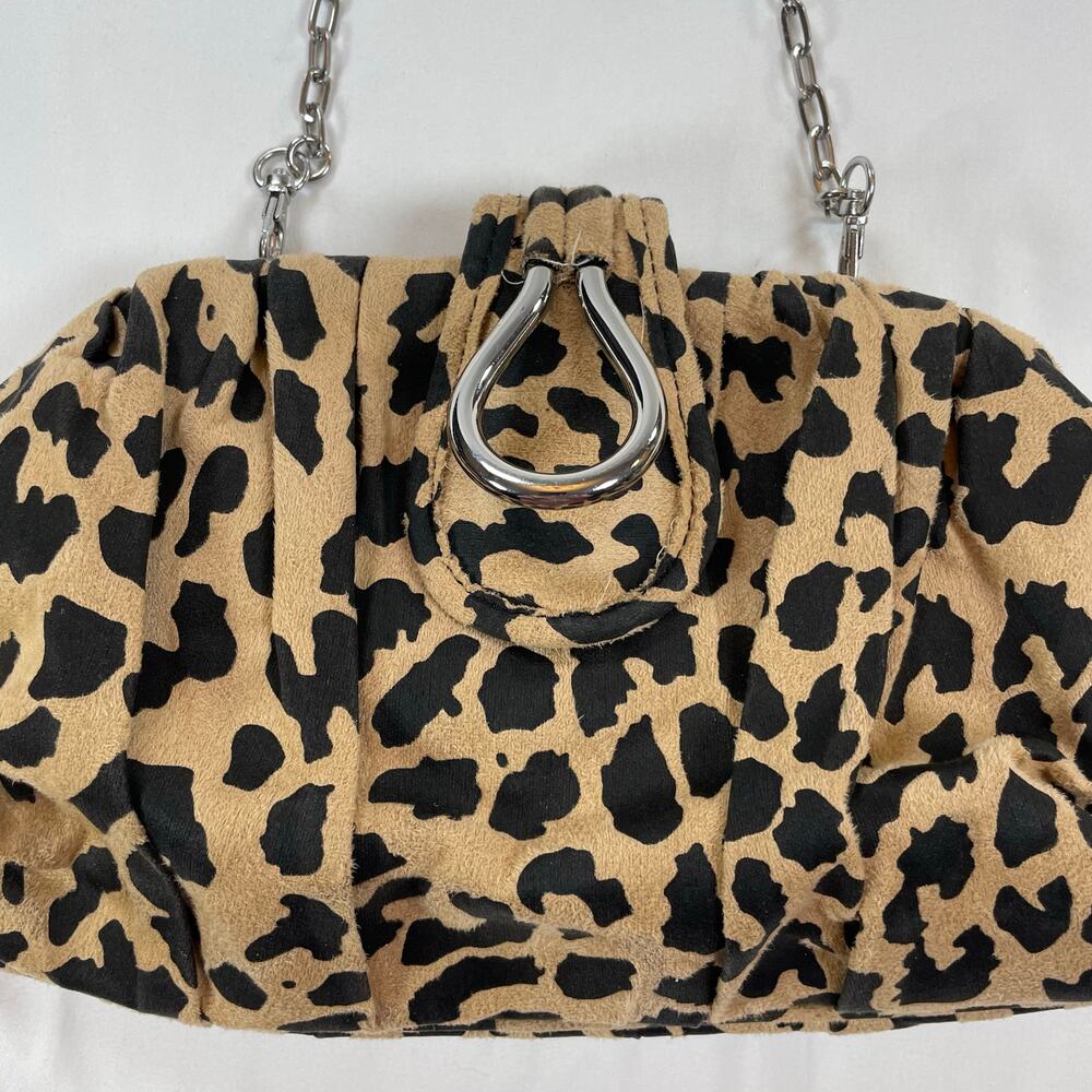 Nine West Leopard Print Faux Suede Pouch Clutch Bag Tan Black Chain Strap - Picture 3 of 8
